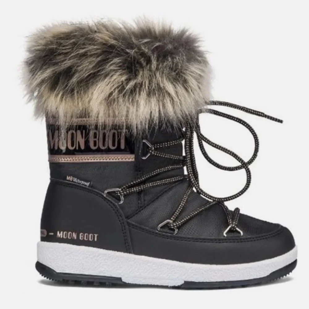 Moon Boot Kids Black and Gray Fur Trim Boots